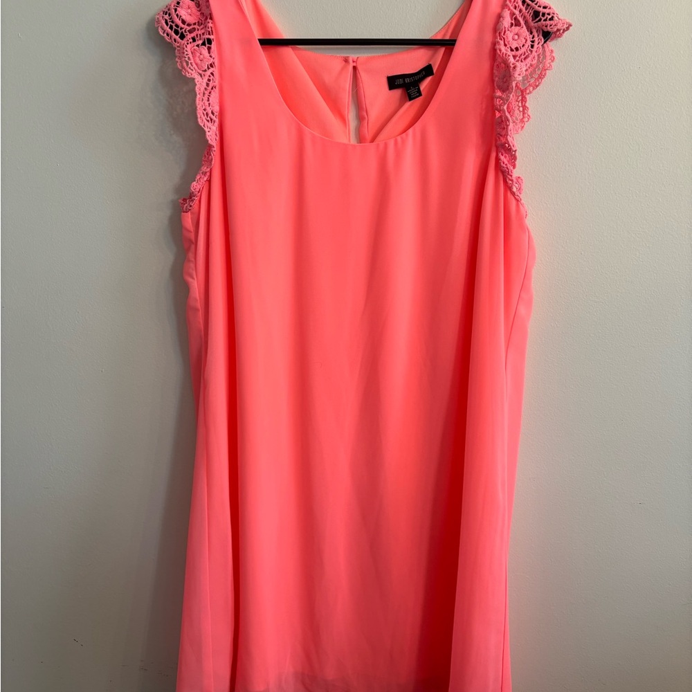 Jodi Kristopher Coral Pink Dress with Lace Sleeves